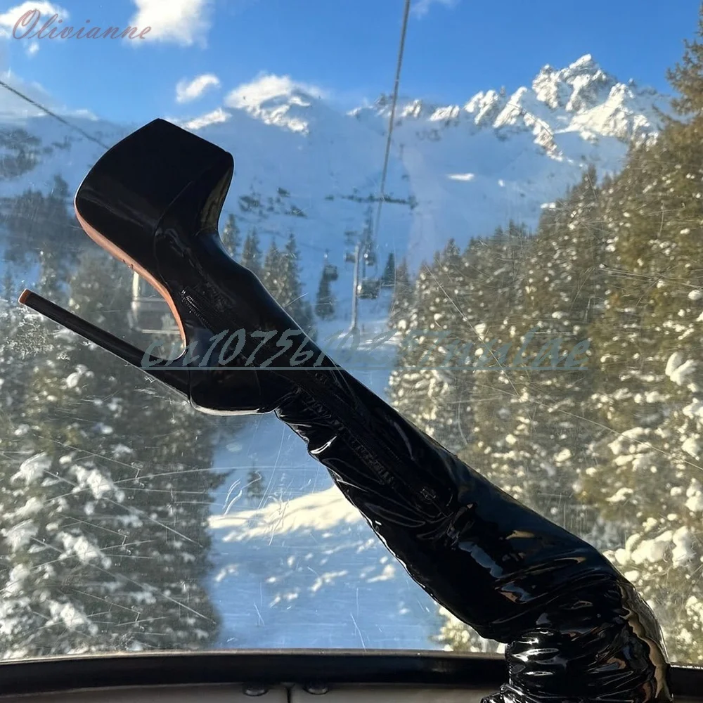 

2026 Black Patent Leather Platform Over the Knee Boots Party Hot Girls Stiletto High Heel Fashion Sexy Women Shoes Para Mujere