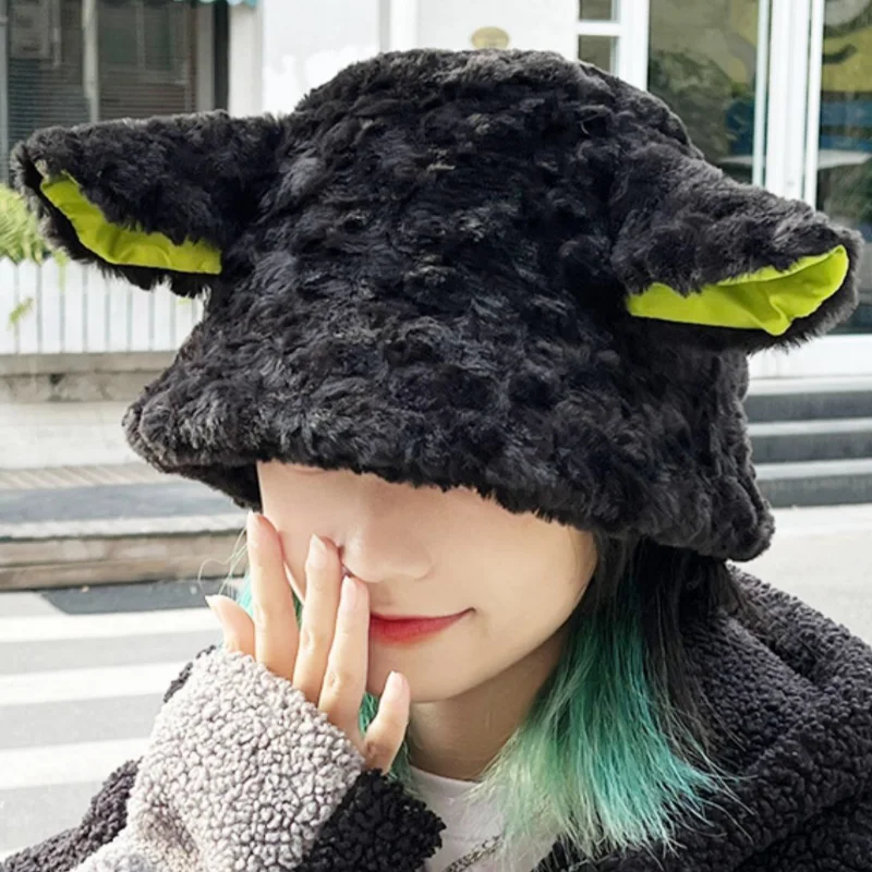 Sheep Ear Lamb Wool Winter Warm Bucket Hat Women Solid Color Plush Windproof Fisherman Panama Cap Outdoor Fordable Basin Hats