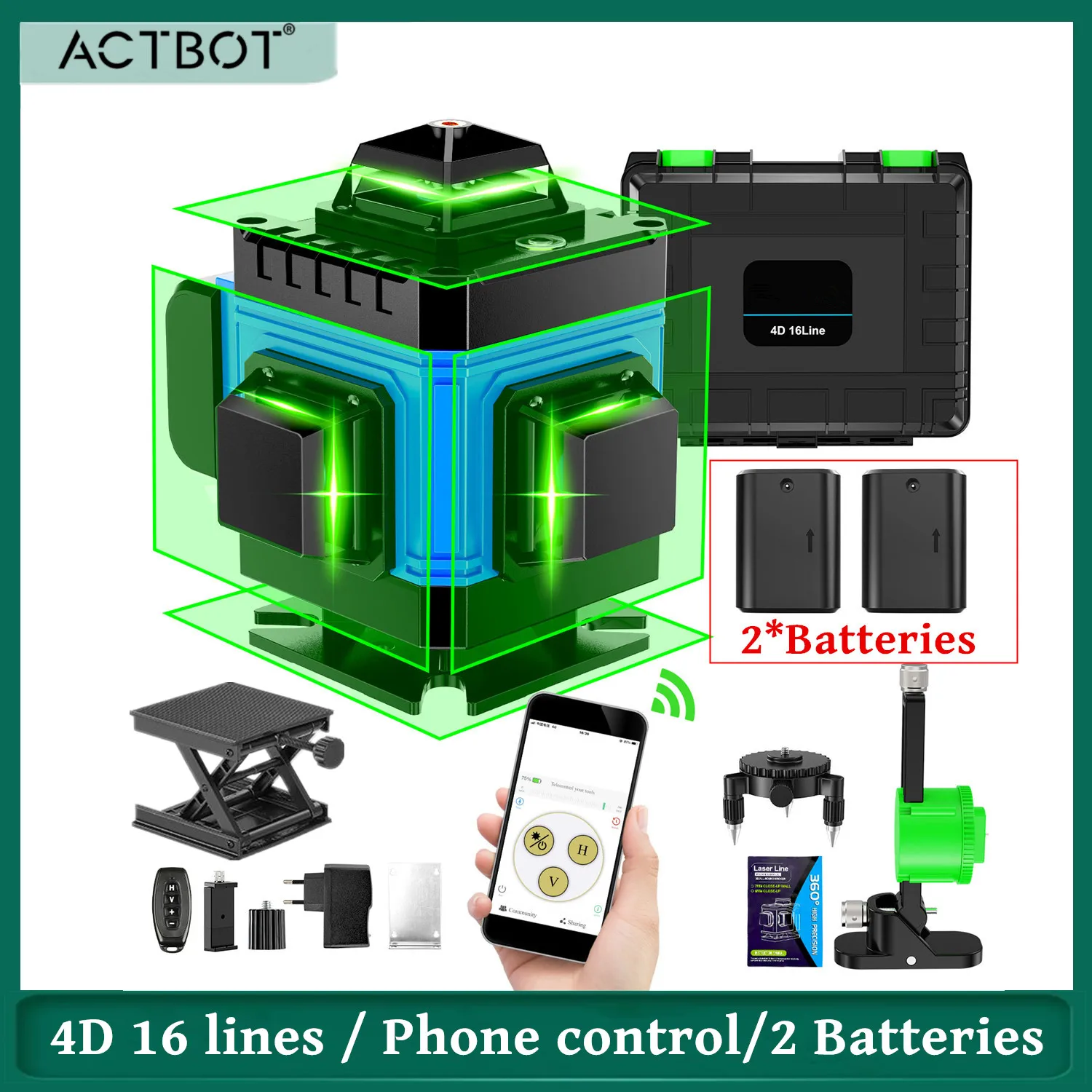 16 Lines 4D Wireless Laser Level 360 Self-leveling laser levels High Power Green Laser With 2pcs Rechargeable Batteries