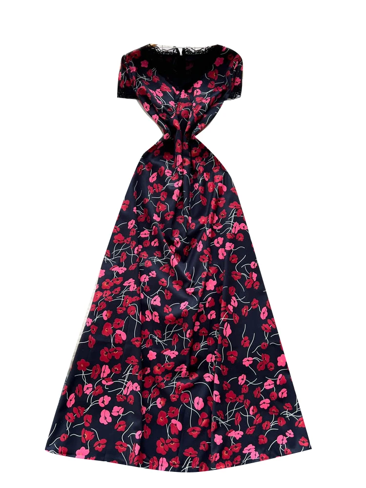 Ele dentelle épissure v-ne ort Sve imprimé fleuri Dr femme taille haute a-ligne Midi Dr été Faion Sense Long Dr