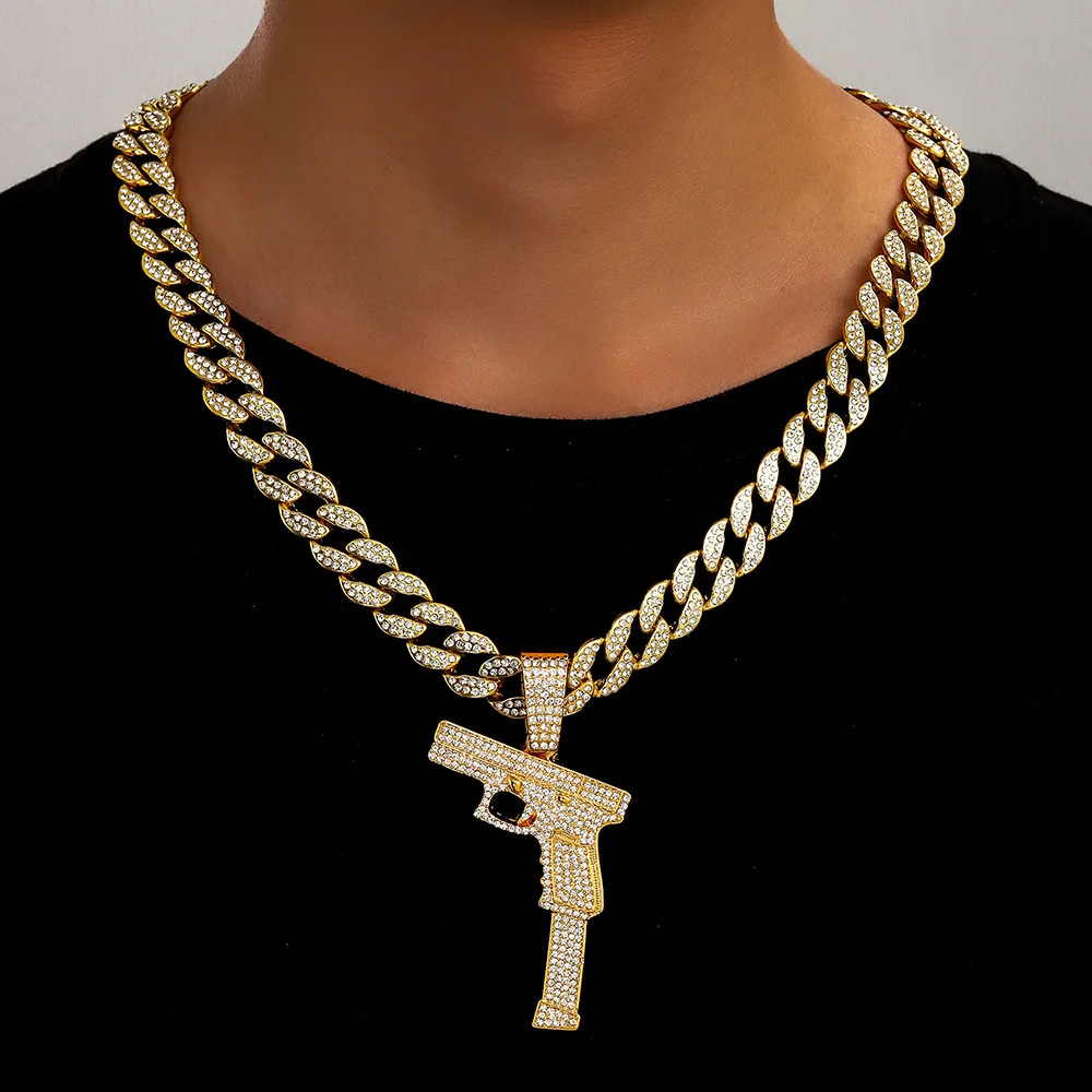 Hip Hop Shiny Ice Crystal Submachine Gun Pendant Necklace Men Hip Hop Rock Street Party Cool Jewelry