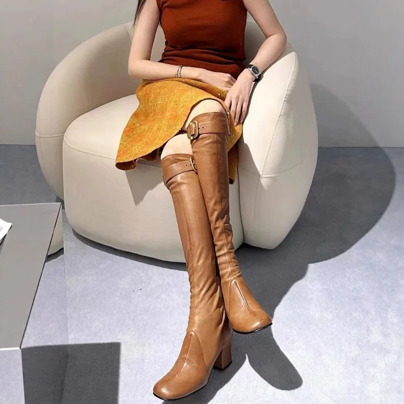 

Women's boots 2025 autumn/winter belt buckle high heels long boots thick heel square toe high tube women's fashion shoes