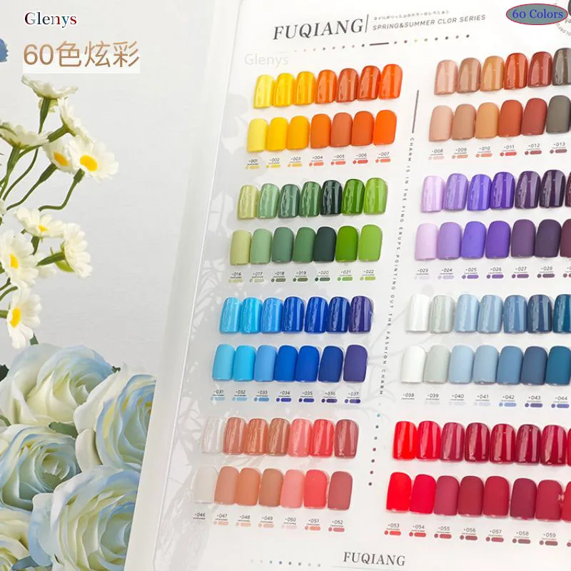 Glenys 60 couleurs vernis à ongles colle populaire gel de trempage couleur brillant magasin d'ongles couleur essentielle correspondant carte nail art vernis ensemble