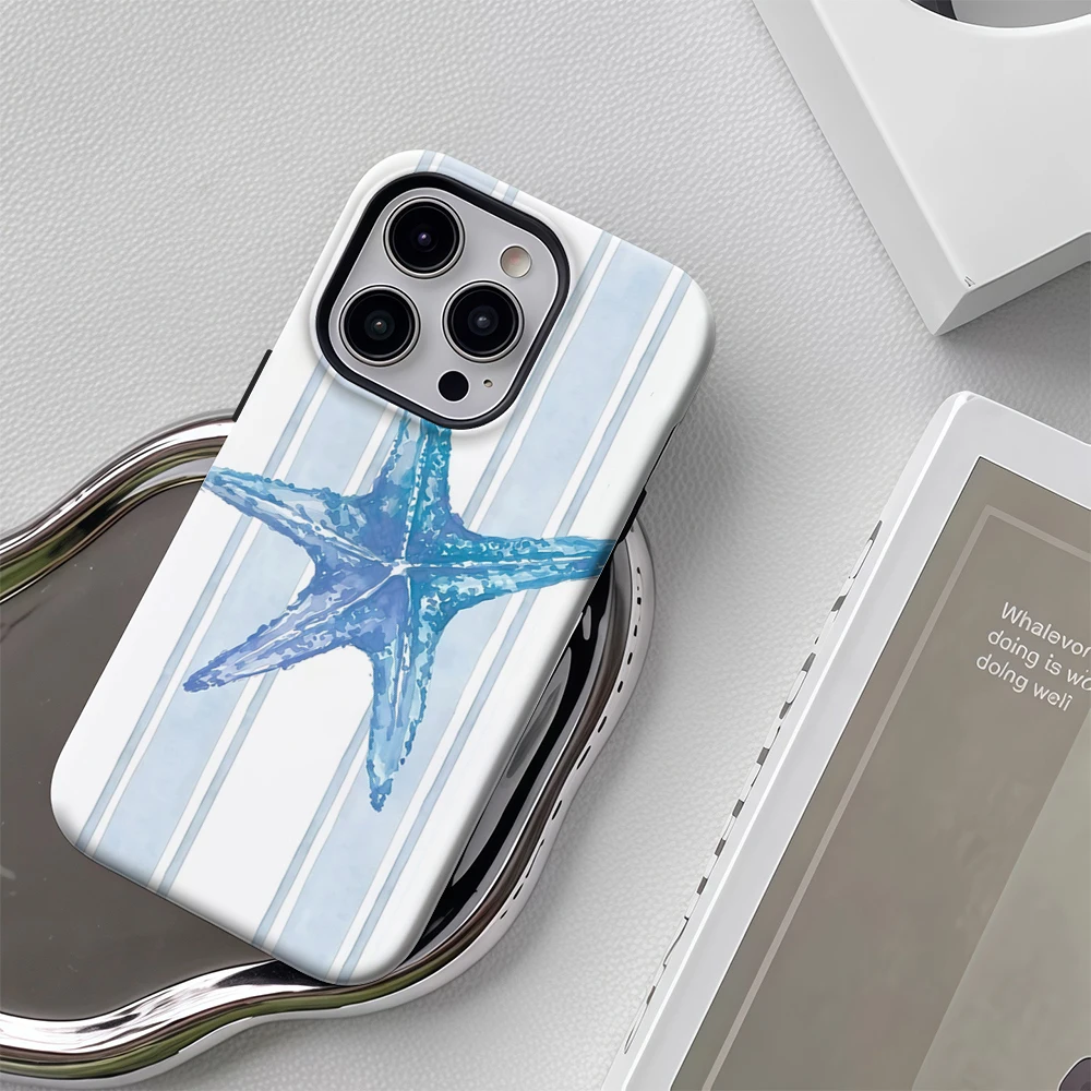 حافظة لهاتف آيفون 17 بخطوط زرقاء على شكل نجم البحر البحري لهاتف آيفون 17 16 15 14 13 12 برو ماكس بلس غطاء خلفي مزدوج الطبقة