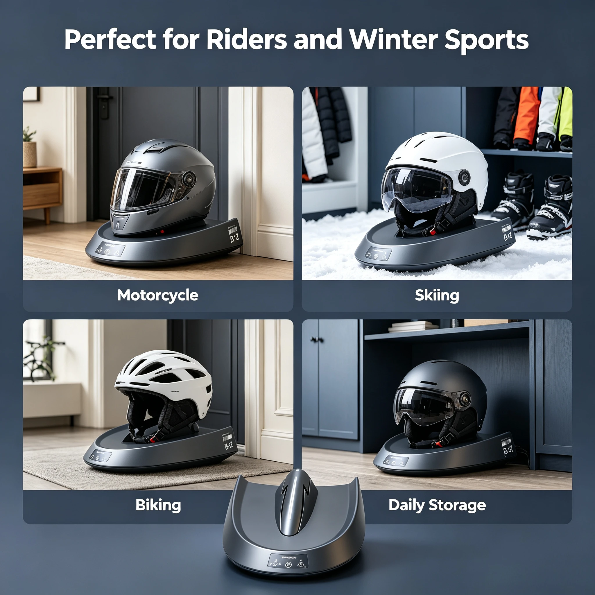Smart Motorcycle Helmet Dryer Features Sterilization Dust Removal Functions Temperature Control Ambient Lighting