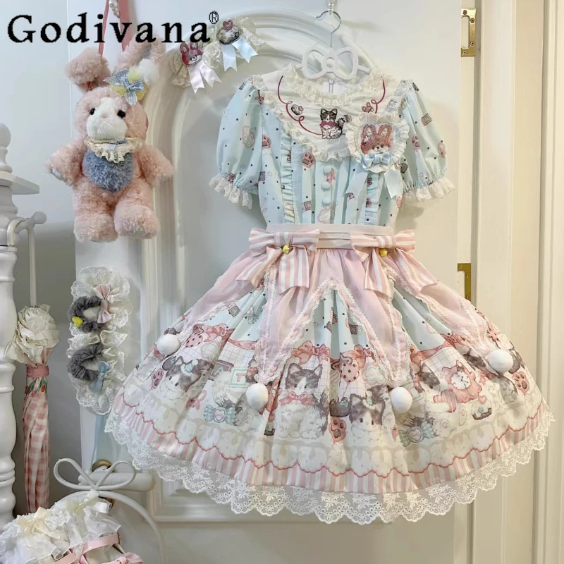 

Original Kawaii Lolita Short Sleeve Dress OP Japanese Girls Cute Bow Print Birthday Dresses Daughter Loli Lo Daily Sling Dress