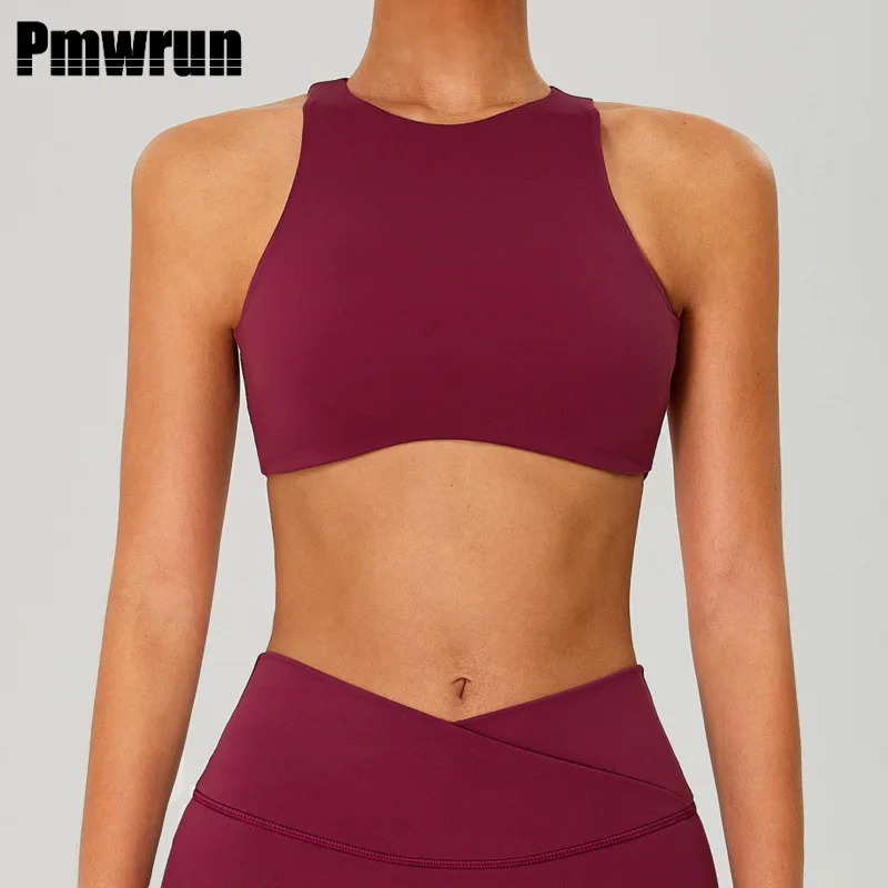 

PMWRUN женский спортивный бюстгальтер с открытой спиной, амортизирующий топ на бретелях с эффектом пуш-ап, быстросохнущее нижнее белье для фитнеса, бега, йоги