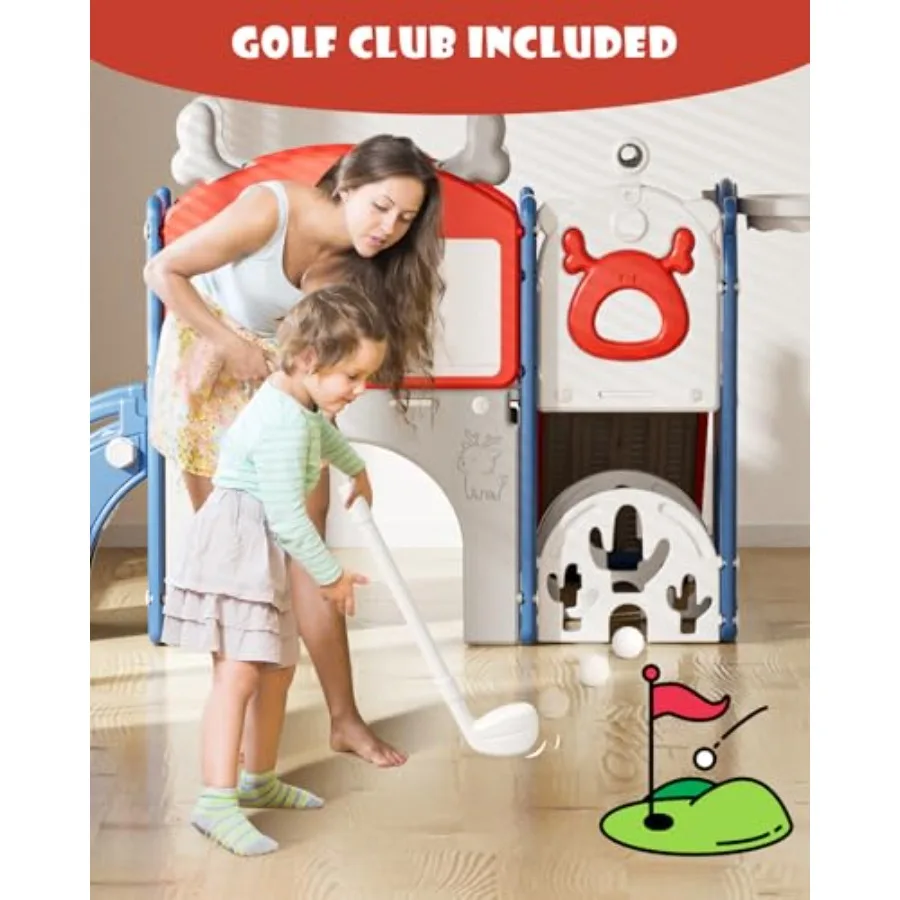 สไลเดอร์ 12 in 1 สำหรับเด็กเล็ก ชุดของเล่นในร่มและกลางแจ้ง พร้อมกระดานวาดภาพ สนามกอล์ฟ ที่ปีนป่าย ห่วงบาสเก็ตบอล และพื้นที่เก็บของ สีน้ำเงินแดง