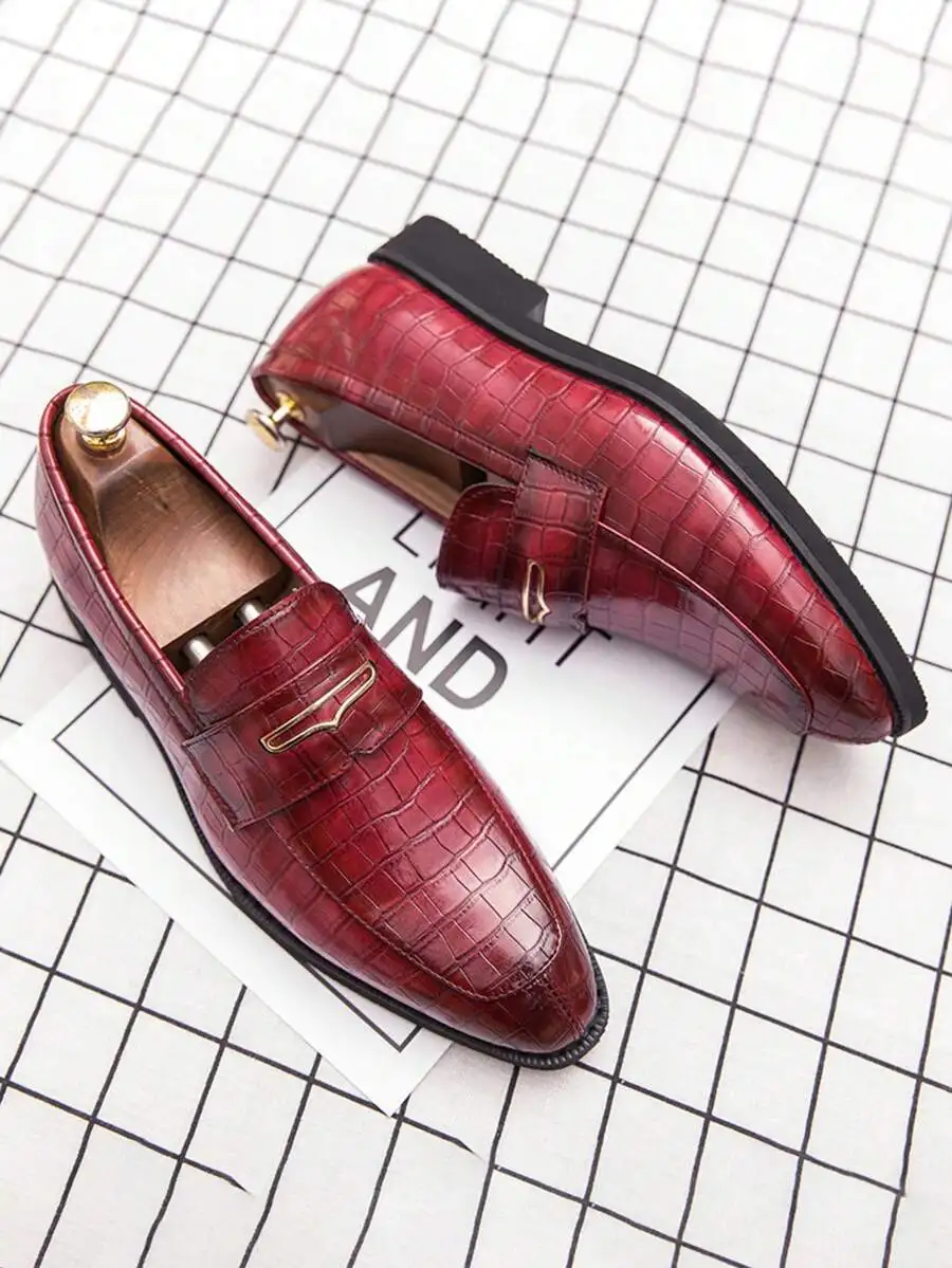 

Men's Pointed Toe Penny Loafers, Handmade Plaid Vintage Slip-On Shoes, Breathable Soft Sole for Business Wedding Banquet Daily