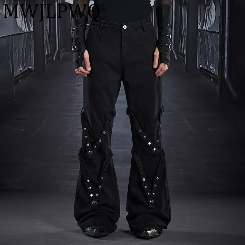 

MWJLPWQ Men's Niche Dark Y2K Punk Slim Fit Flared Jeans High Street Detachable Ribbon Metal Unisex Long Casual Pants 12835