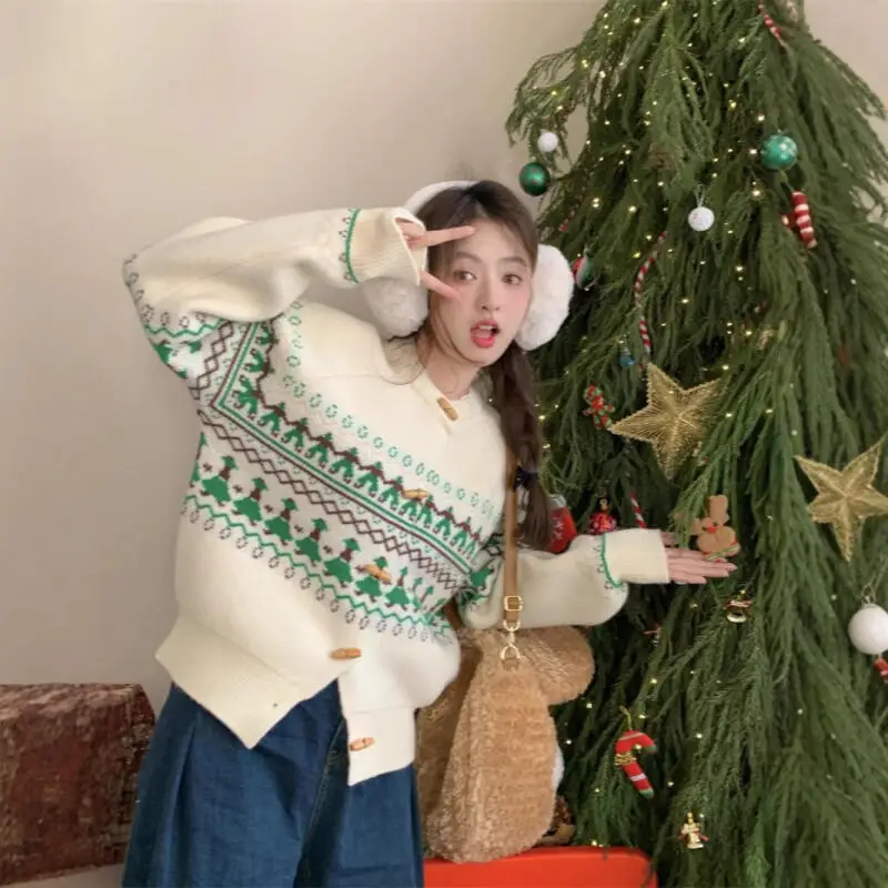 Fair Isle Jacquard Damen Strickjacke Pullover Strickwaren Mädchen Rundhals Kapuzenpullover Herbst Winter Adrette Top Mantel