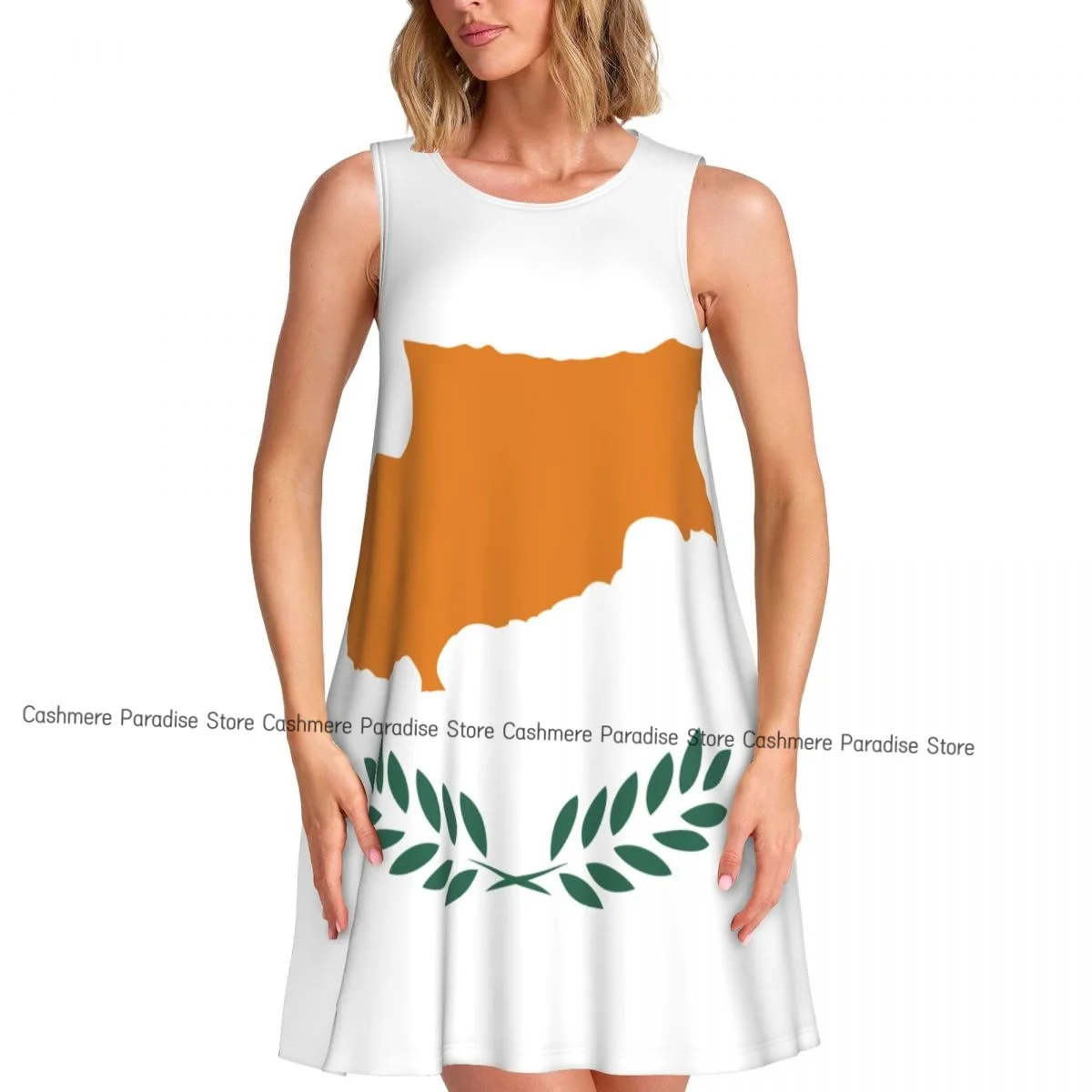 2025 Women's clothing Dresses Cyprus Flag Round Neck Sleeveless Length Dress