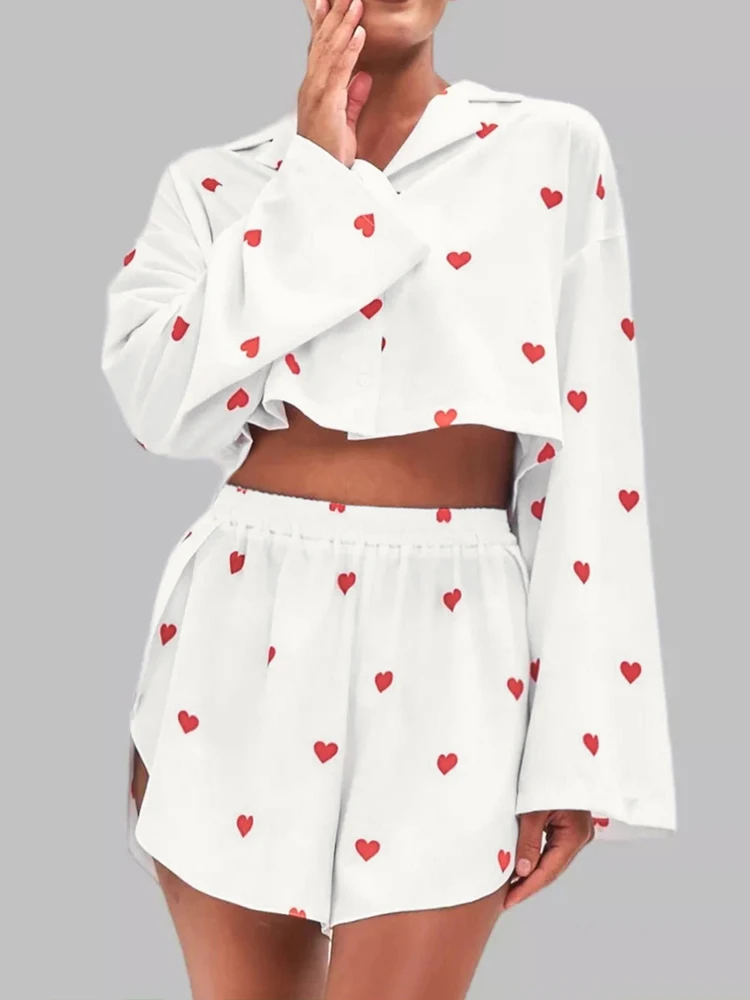 HiLoc Print Long Sleeve Sleepwear Women Pajama Lapel Crop Tops 2024 High Waist Slit Shorts Female Set Love Pattern Lougerwear