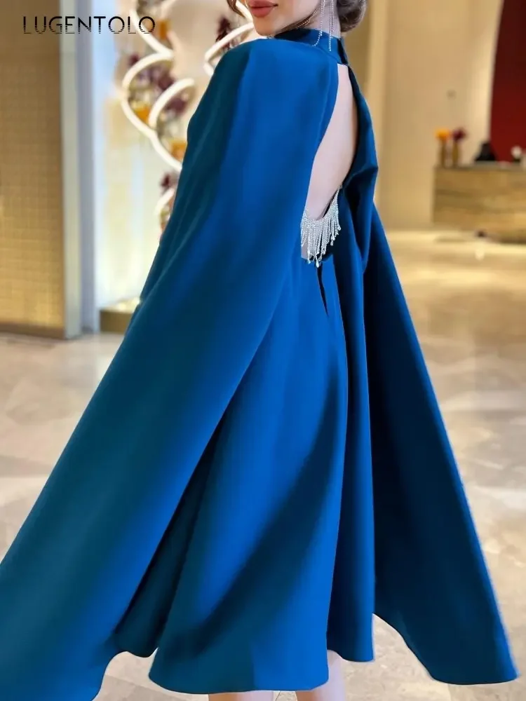 Women Elegant Shawl Dress Party Sexy Big Swing Blue Backless Drill Chain Lady Loose Temperament Prom Banquet Cloak Sleeves