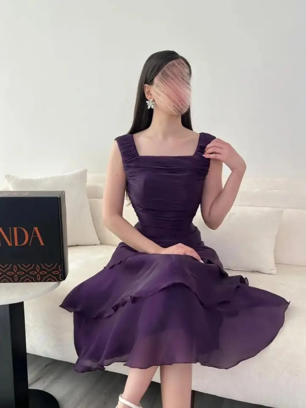 

Women's Square Neck Sleeveless Evening Dresses Chiffon Tiered A-line Ankle Length Party Dress Elegant Purple Gowns Customized
