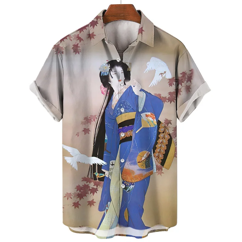 Camisa de gueixa estampada em 3D masculina, camisa grande solta, tops de manga curta, camisas havaianas casuais com lapela, roupas japonesas, rua, verão