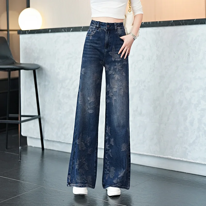 

Модные прямые джинсы с принтом для женщин, осенние новые тонкие свободные широкие брюки уникального дизайна