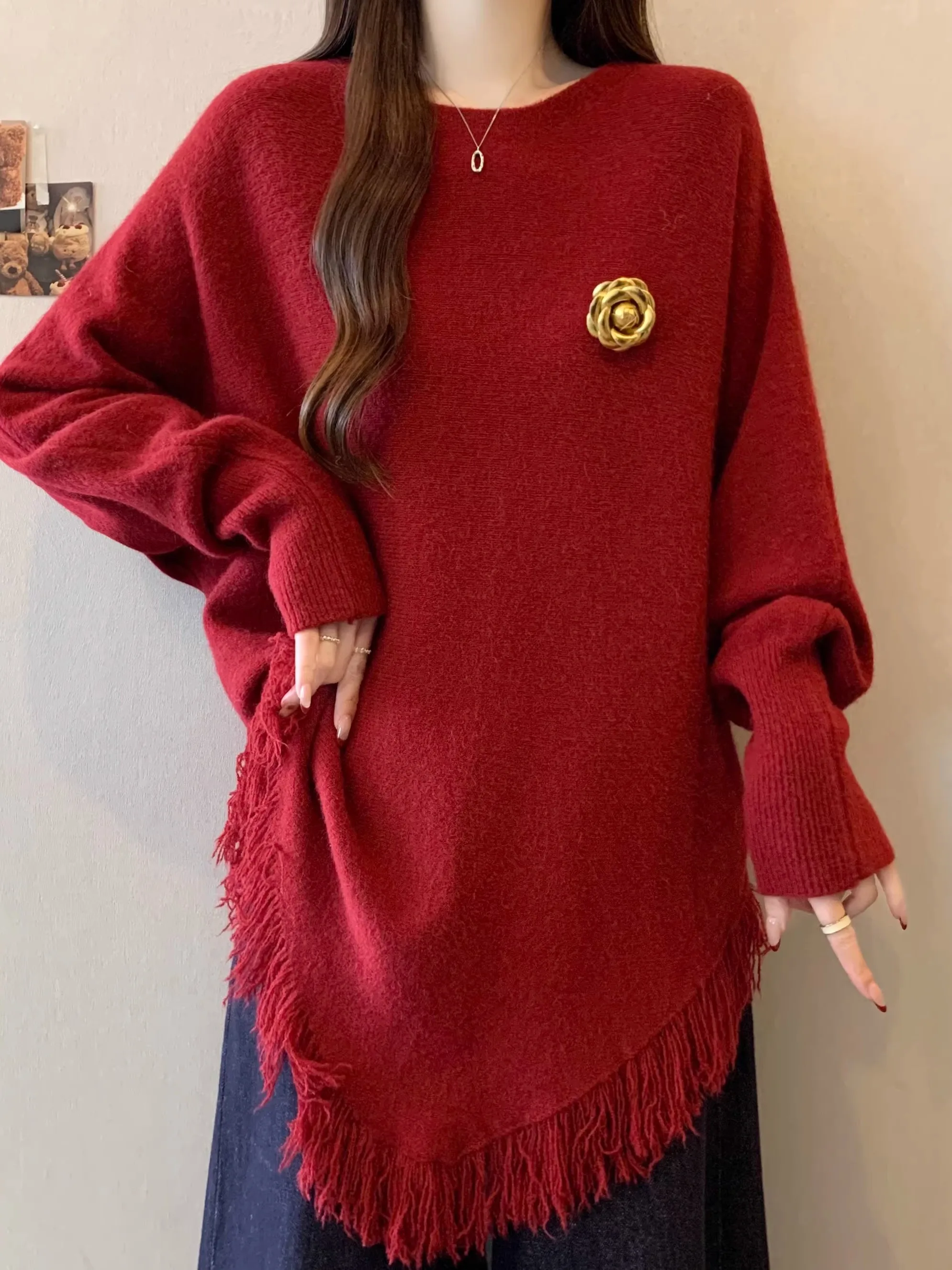 

Ele Red Long Sve Sweater Women's plus Size Winter Faion Tassel Irregular Hem Mid-Length Casual Comfortable Top