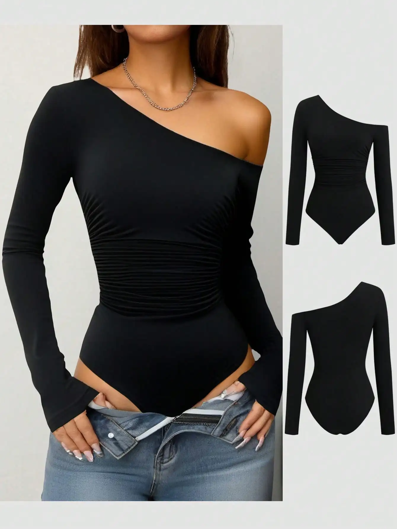 

Black Off-Shoulder Ruched Waist Slim Fit Long Sleeve Bodysuit for Women