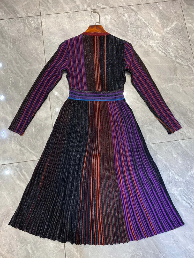 VKBN Rainbow Dress Women V-Neck Slim Elegant Full Sleeve Maxi Evening Dress High Waist Luxury Women's Sexy Vintage Robe