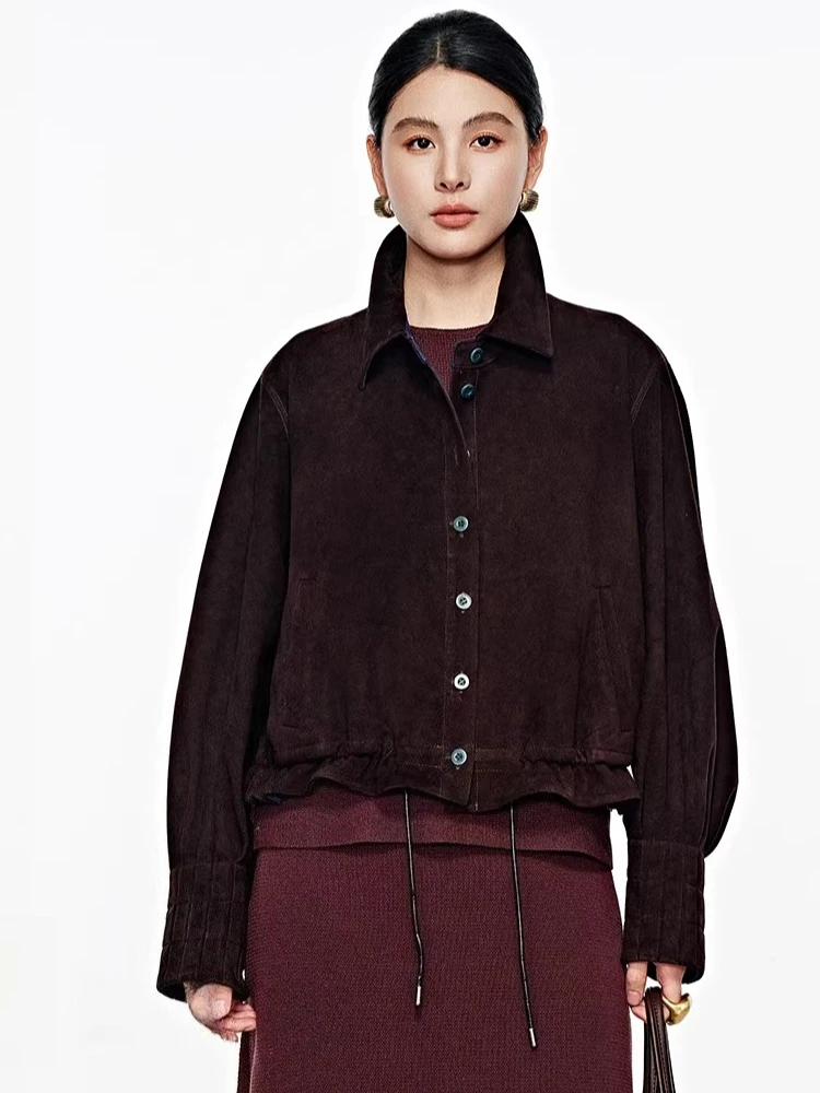 

Casual Short Genuine Leather Jackets for Women High-end Simple Adjustable Waist Design Loose Vintage Real Sheepskin Suede Coat