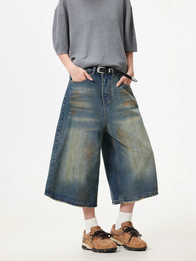 

Wild Azizi Vintage Waed Spray Paint Design Denim Jeans Men Women Seven-Five Casual Loose Fit Summer Jeans Ladies