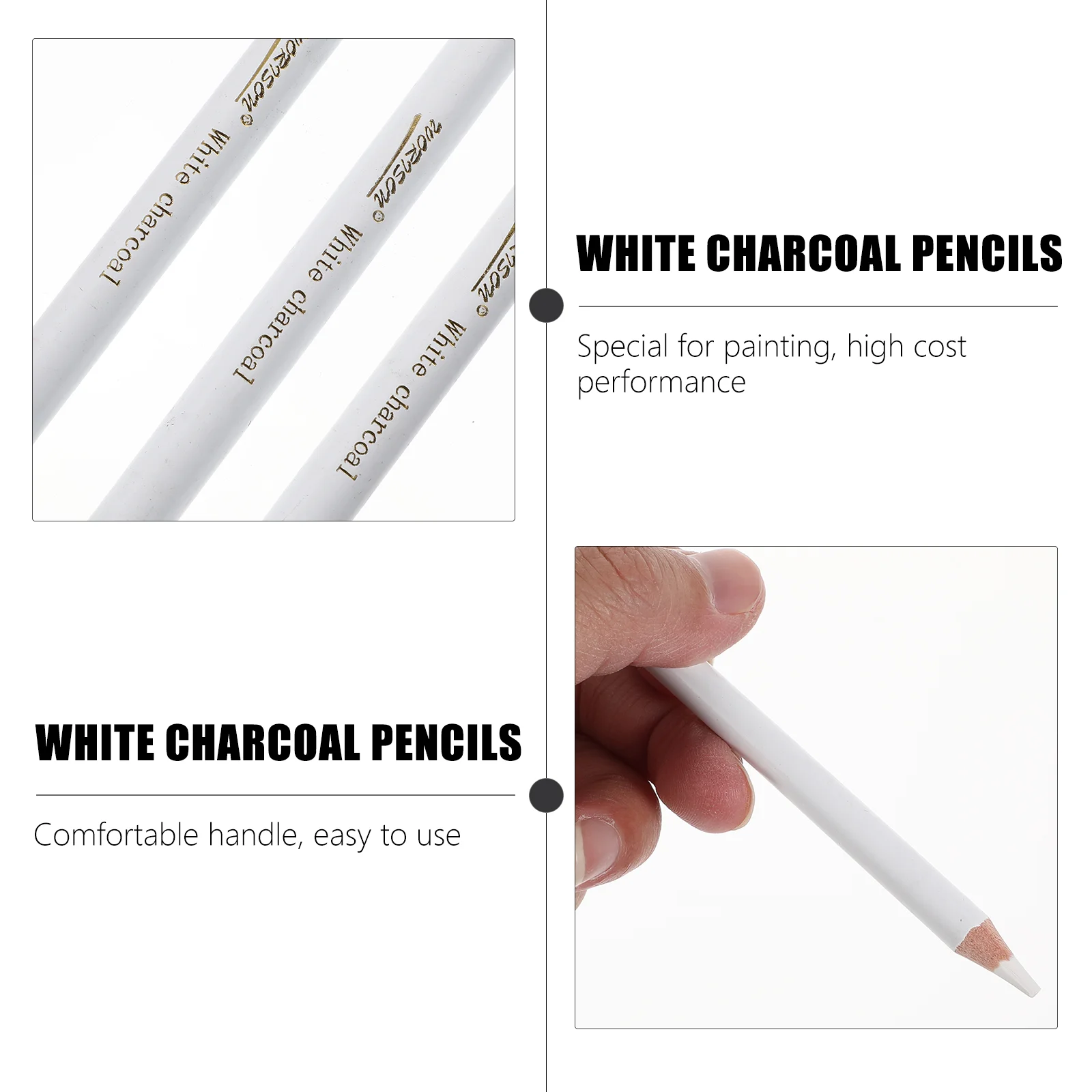 3 White Charcoal Pencils Highlight Sketching Drawing Tools Smooth Color Professional Supplies Unbreakable Core Dark Paper