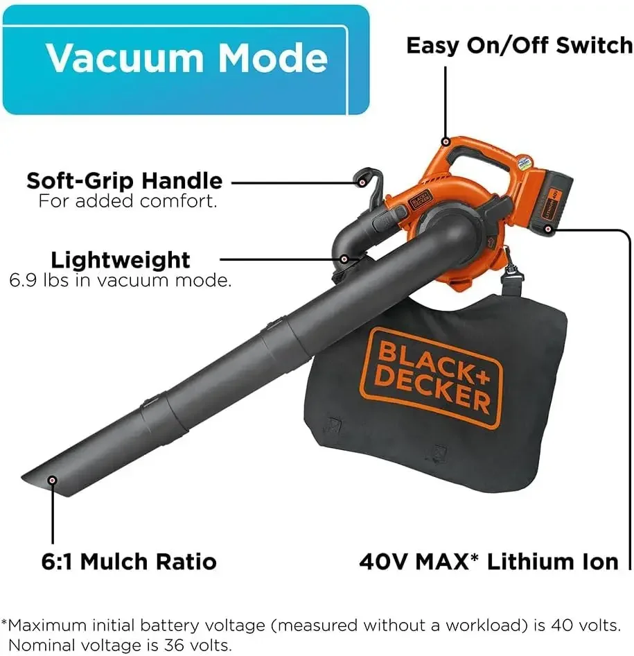 Kit soffiatore per foglie a batteria da 40 V, velocità dell'aria di 120 mph, quadrante a 6 velocità, raschietto incorporato, con sacchetto di raccolta, batteria e C