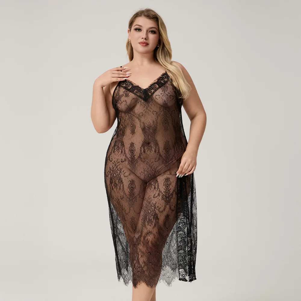Black Perspective Lace Long Nightgown Temptation Chiffon Nightdress Nighty Homewear Sleepwear