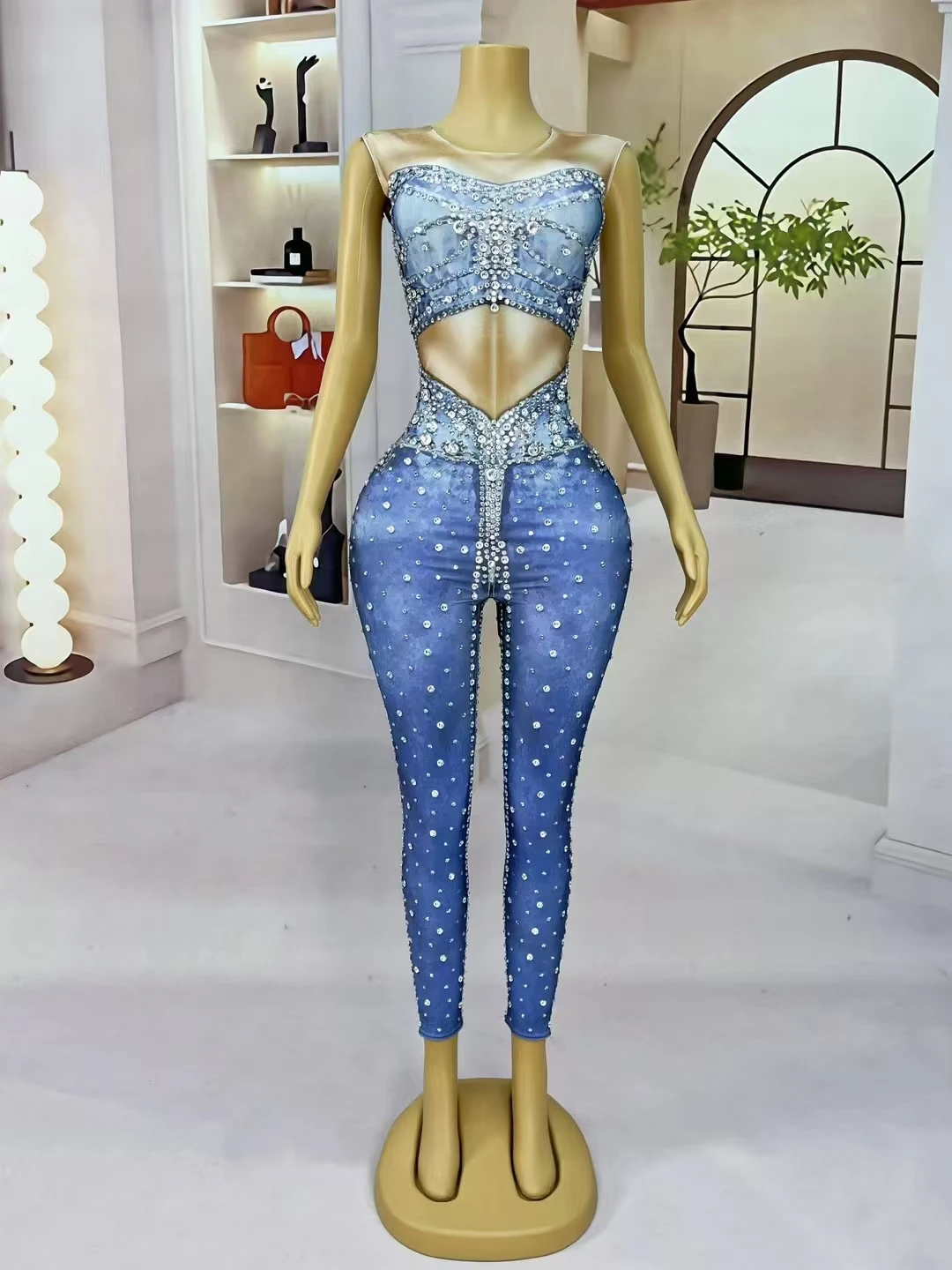 ジーンズ柄プリントノースリーブジャンプスーツナイトクラブ歌手ステージパフォーマンス服クリスタルレオタードハロウィンコスプレ衣装
