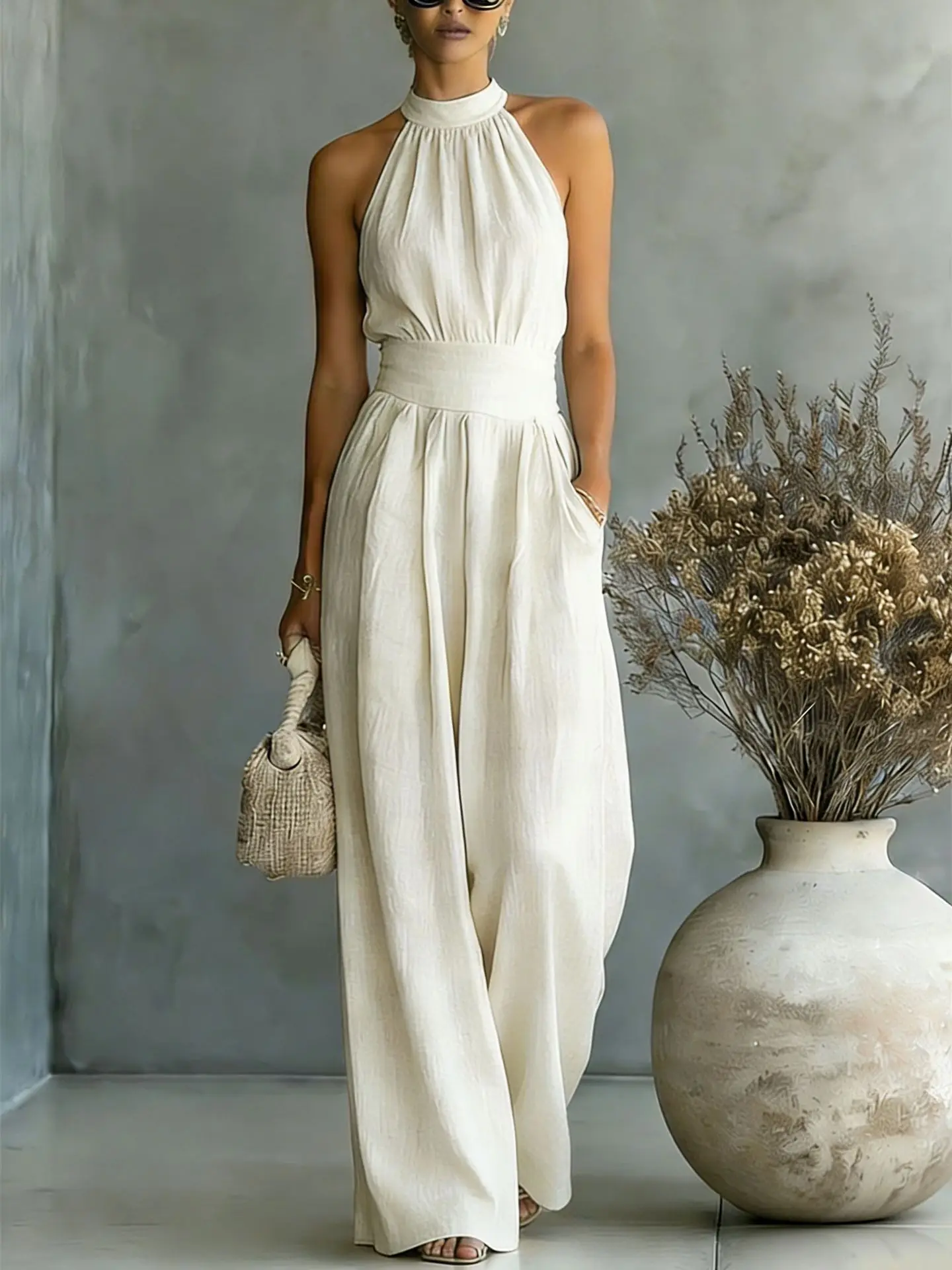 Damen-Jumpsuit aus Strukturiertem Stoff mit Neckholder, Ärmellos, Offenen Schultern, Elastischer Taille, Taschen und Weiten Beinen