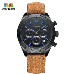 Ever Move Fashion Men's Watches Waterproof Luxury Sport Brown Leather Hands Gift Male Wristwatch Chronograph Relogio Masculino