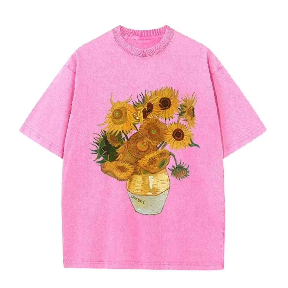 Van Gogh Sunflowers Oil Painting Print Washed Vintage T Shirt Women Men Oversized Casual Short Sleeve Crew Neck Tee Top