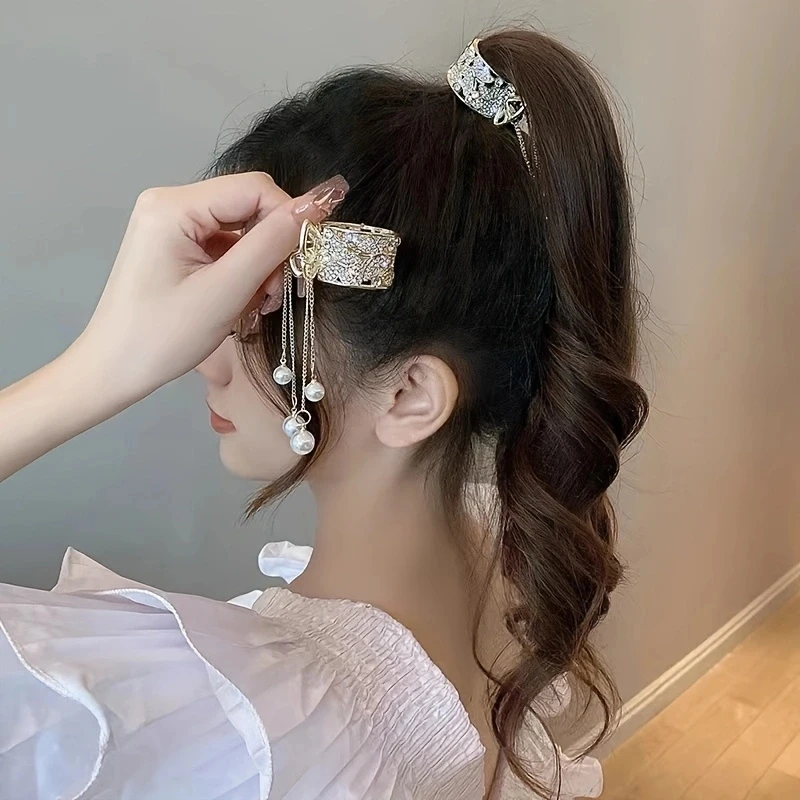 

1PC zinc alloy rhinestone grab clip, high-end temperament gold horsetail clip, suitable for daily casual wear,