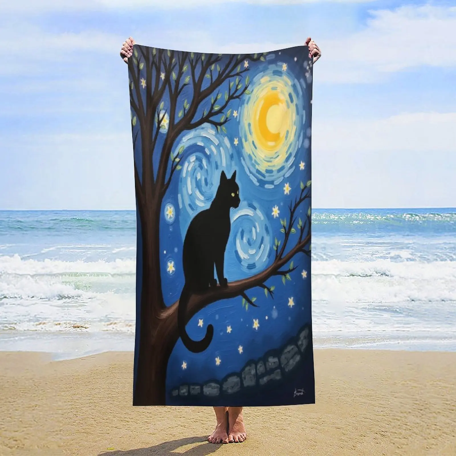 

Starry Night Art Beach Towel Painter Vincent Van Gogh Inspired Black Cat Design Pool Camping Travel