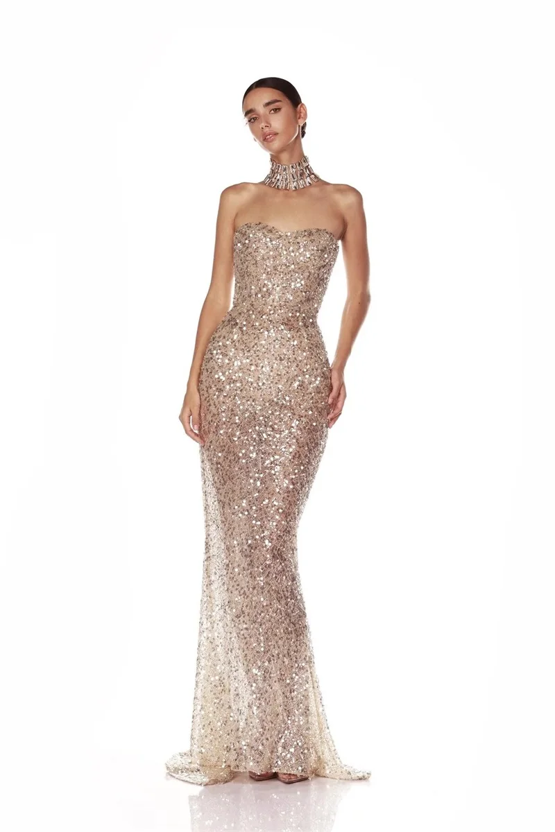 Golden Luxury Crystals Prom Dress Sexy Sweetheart Sleeveless Long Sheath Party Gown Luxury Formal Wedding Birthday Evening Robe