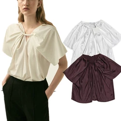 Maxdutti French Minimalist Satin Vintage Women Shirt For Spring 2024 Blouse Elegant Top