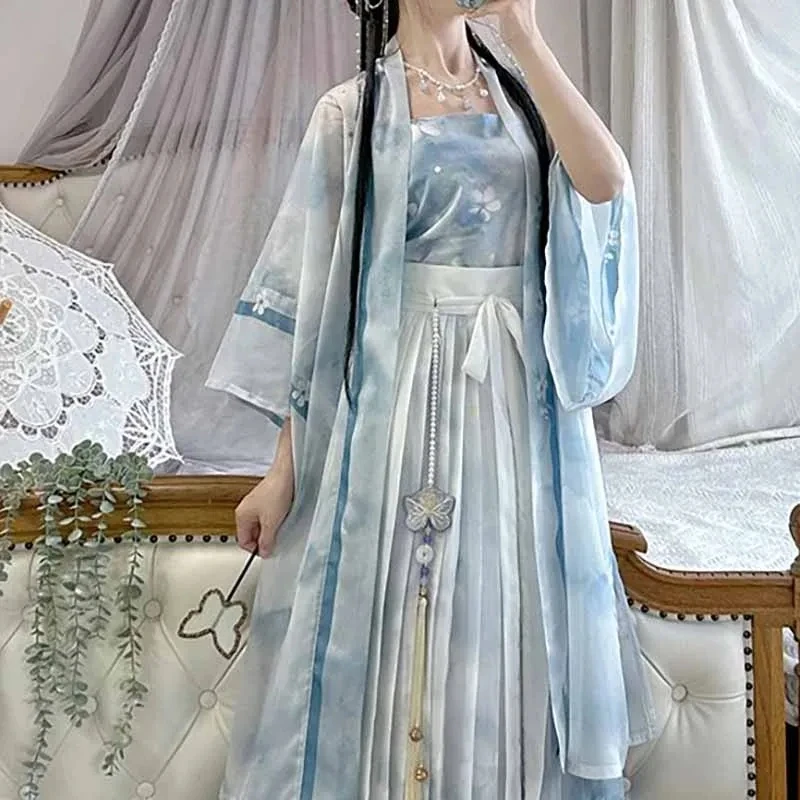 Ancient Chinese Hanfu Dress Women Cosplay Costume Vintage Summer Blue 2024 3pcs Sets Party Outfit Hanfu Dress Song Dynasty Suits