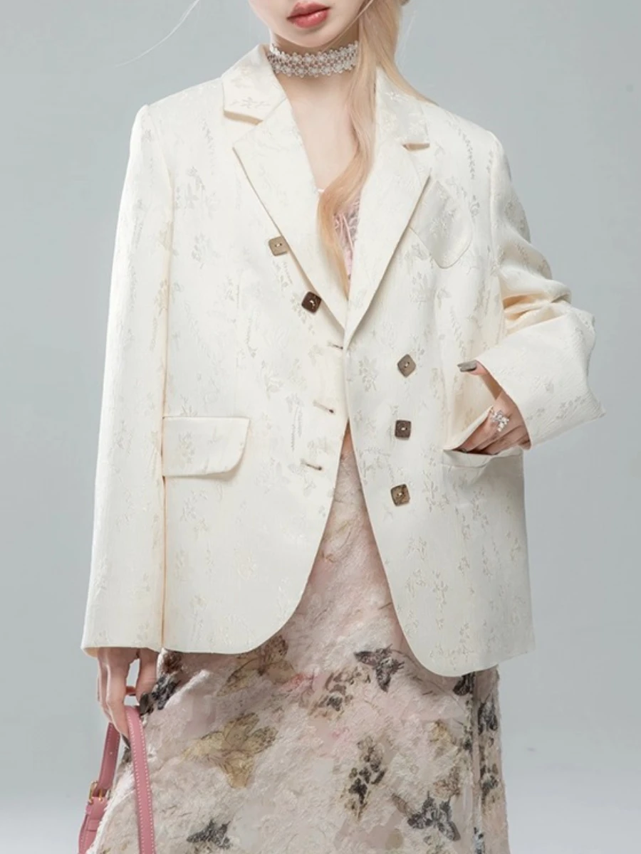 TWOTWINSTYLE Solid Loose Spliced Wood Buttons Basics Blazers for Women Lapel Long Sleeves Design Sense Blazer Female Clothing