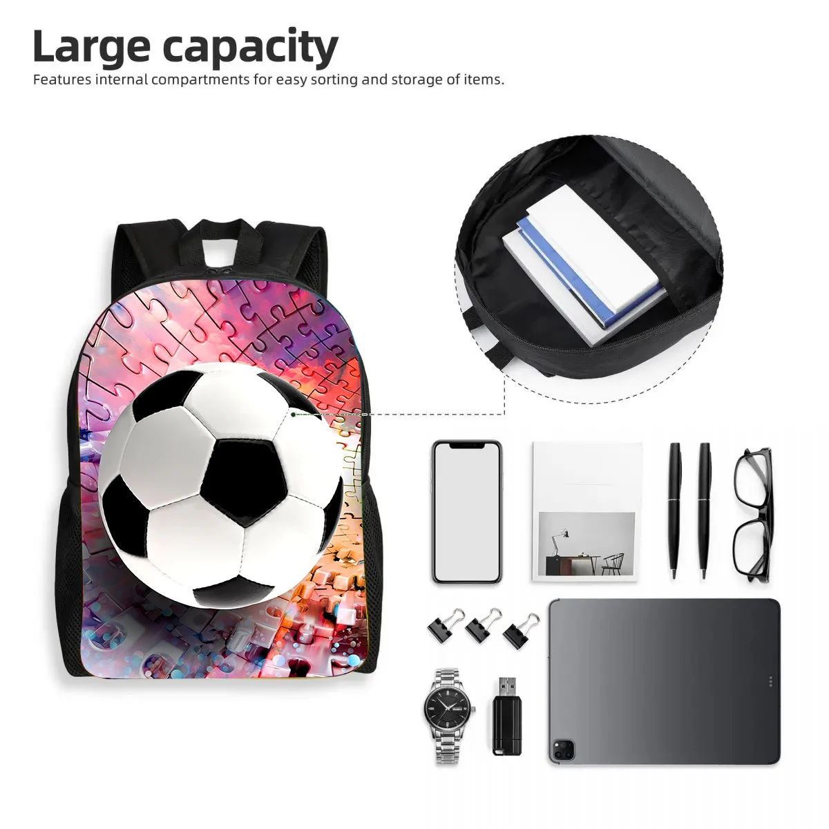 Bolsa escolar de nylon com impressão 3D infantil, mochila de futebol, patten de futebol, grande capacidade, durável e softback, logotipo para meninos