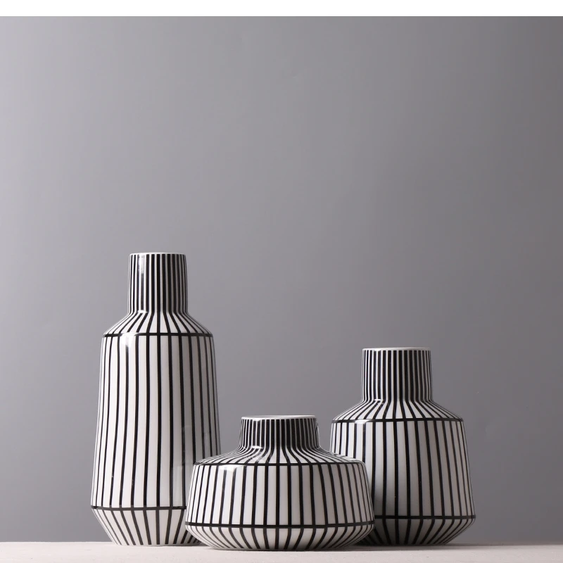 Black White Striped Ceramic Vase Modern Dried Flower Accessories Living Room Home Decor Art Geometric Line