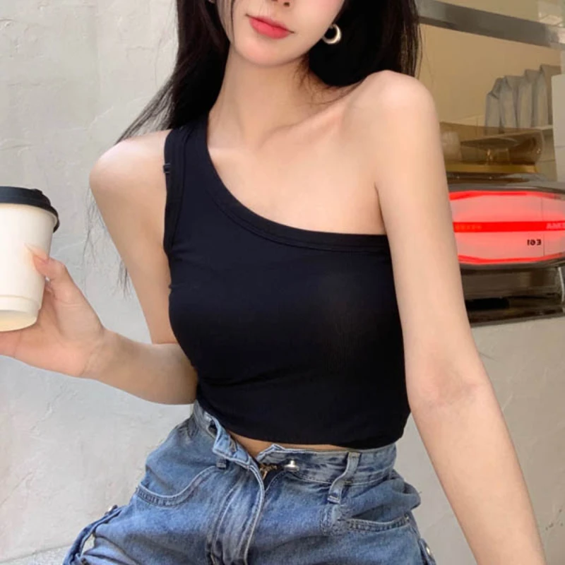 Irregular Shoulder Camisole with Breast Pads Women's Outer Wear Summer Navel-baring Short Top One-shoulder Bottoming Shirt