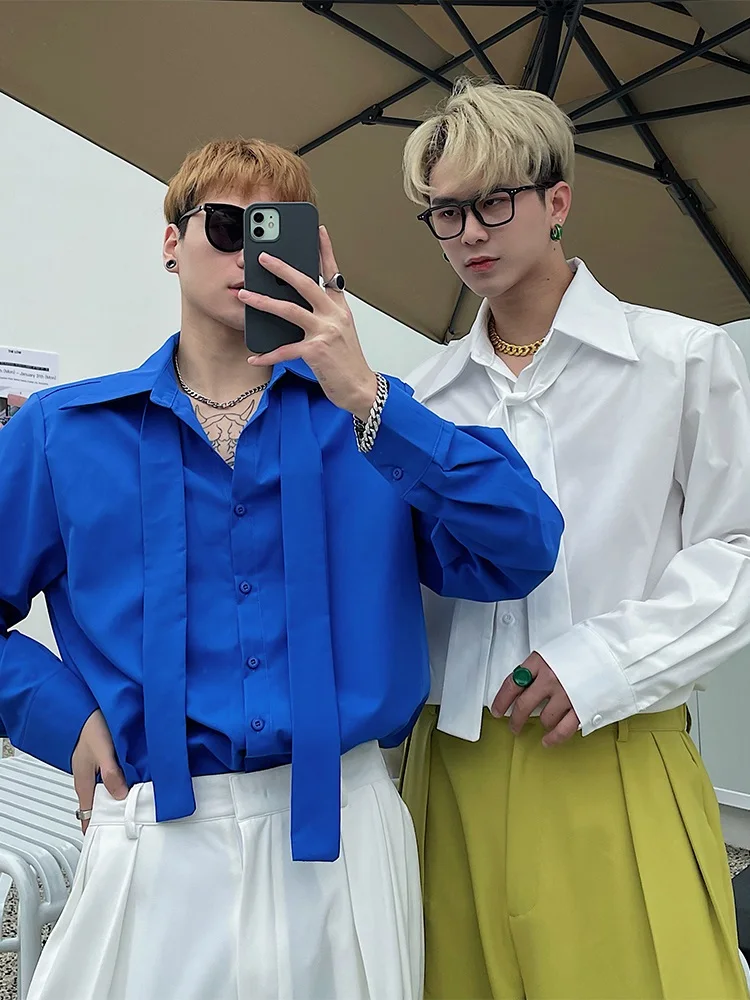 

Fashionable Long Sleeve Pure Color Men's Shirt with Tie Decoration Trendy Klein Blue Street Style Casual Loose Fit Youthful