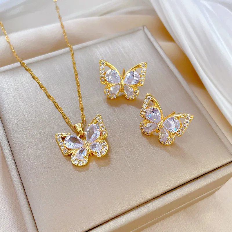 Stainless Steel Jewelry Set Of Earrings Pendant Necklace For Women Chic Fashion Rhinestone White Clear Butterfly Jewelry Set