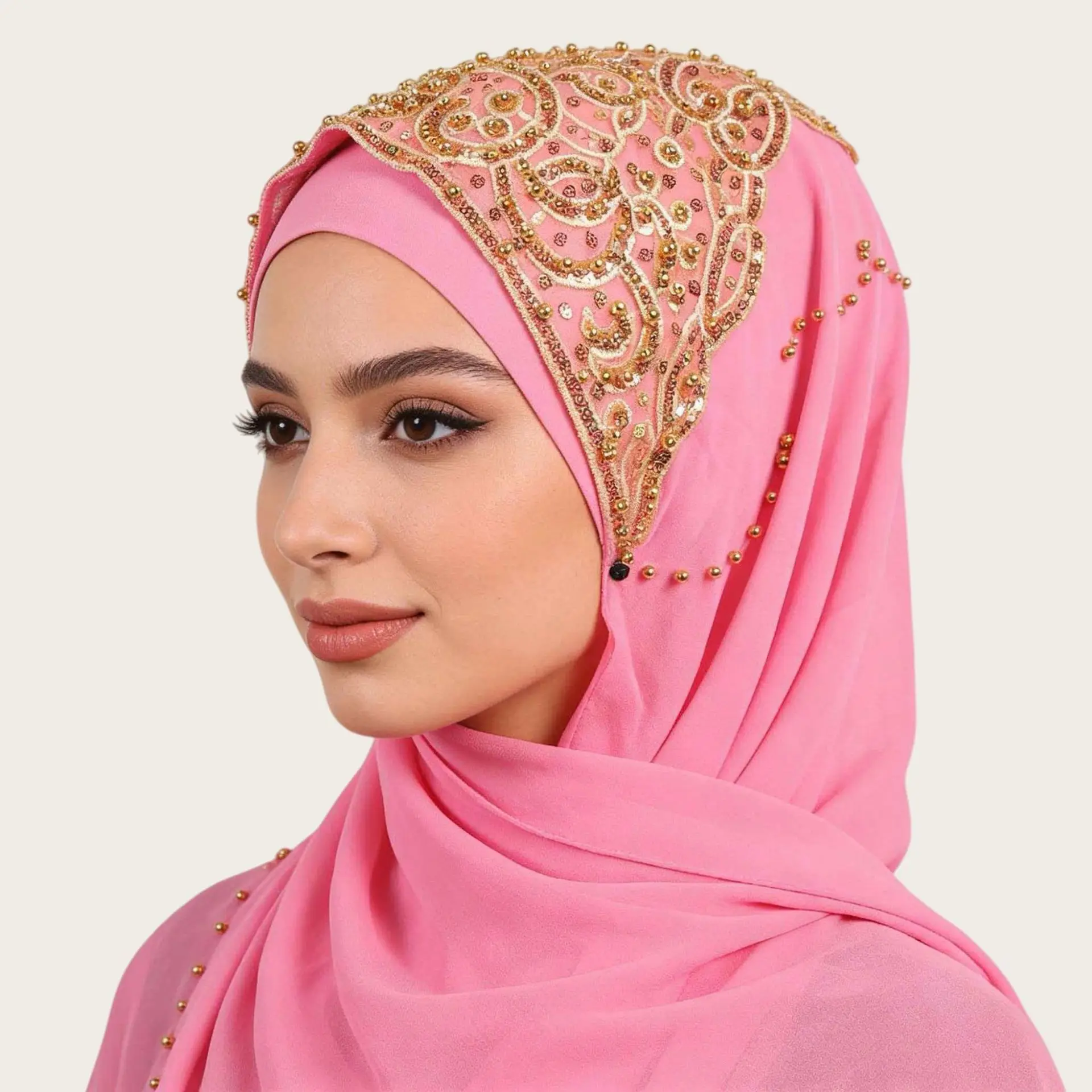 

Muslim Fashion Shawl Beaded Hijab Scarf Popular Chiffon Islamic Headscarf Easy Pull On Ethnic Head Wrap Southeast Asian H1