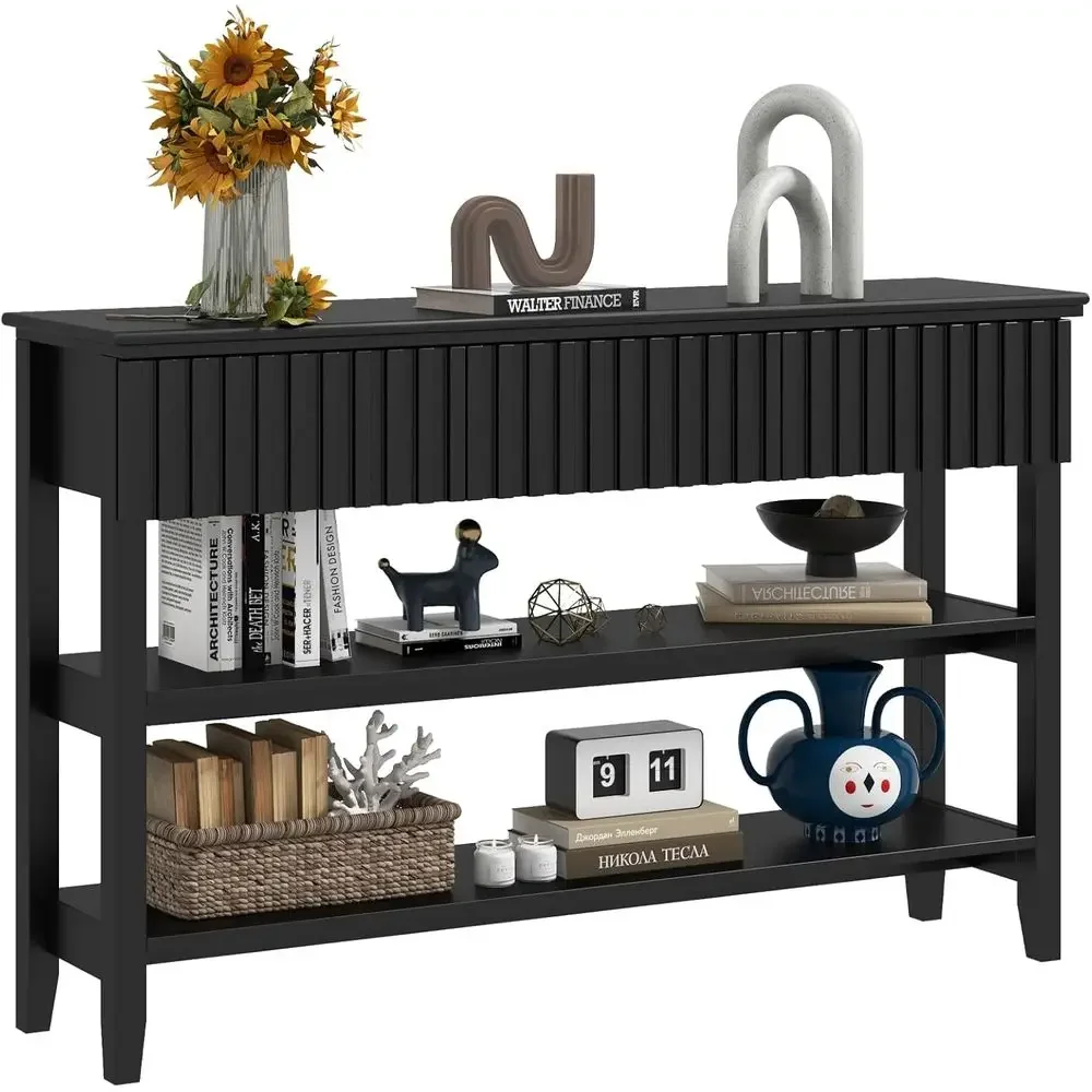 Narrow Long Wood Entryway Table with 3 Drawers and 2-Tier Storage for Living Room, Hallway (Black)