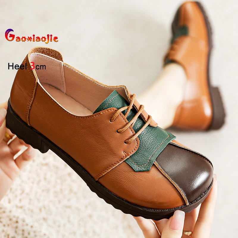 

Удобная повседневная обувь из мягкой коровьей кожи на открытом воздухе, женские туфли-лодочки на высоком каблуке 3 см, 2023 Autrumn, лоферы на шнуровке для мам, работы