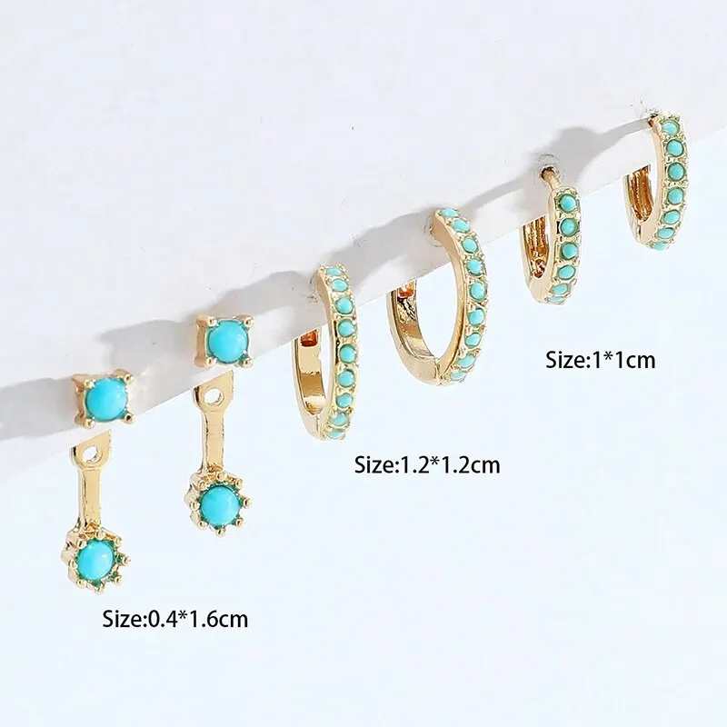 3 Pcs Turquoise Mini Earrings Set Gold Color New Design Hoop Earrings Cute Luxury Jewelry Gift Set Black Color Stones Options