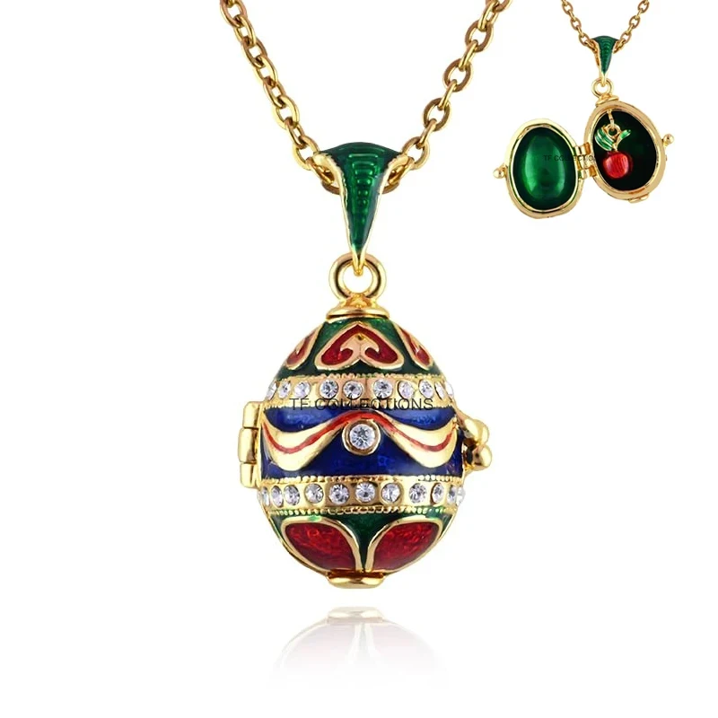 Enamel HandMade Jewelry Can Open Brass Vintage Egg Pendant Crystal Necklace Gift To Women Girls Apple Inside Christmas