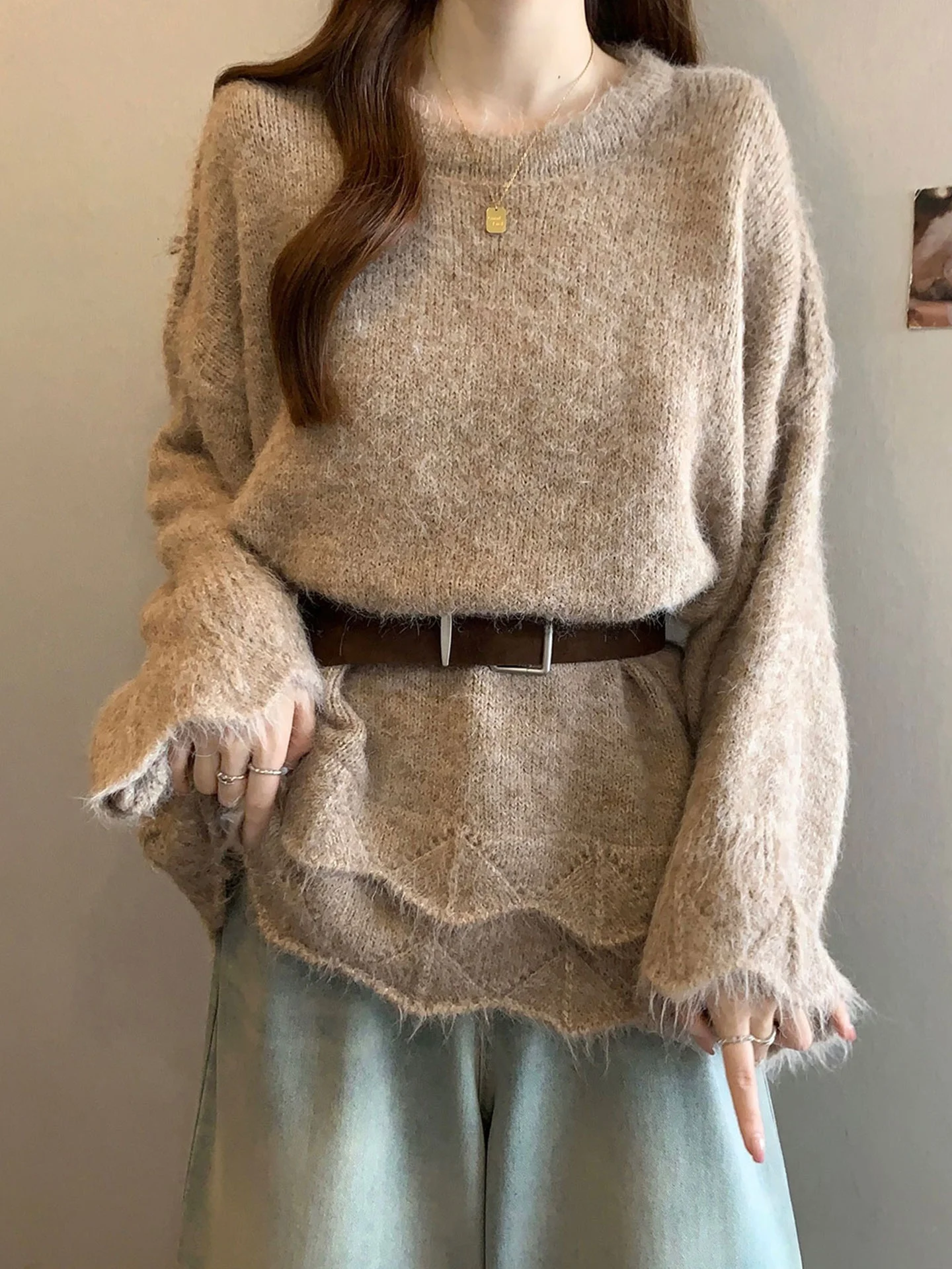 

Женский длинный вязаный свитер больших размеров, мягкий пухлый повседневный топ с закрытием живота, элитный топ на осень-зиму